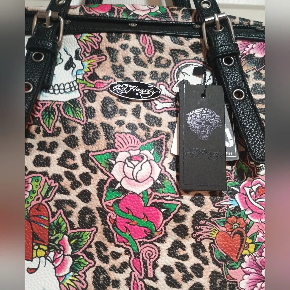 New Ed Hardy leopard print satchel with pink floral and skull graphics